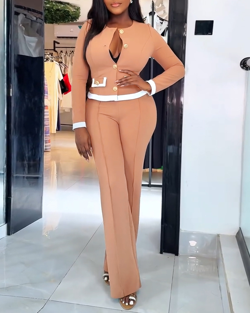 2 Pieces Outfit Contrast Paneled Single Breasted Flap Detail Crop Top and Elastic Waist Seam Front High Waist Pants Set Casual Commuting Set, women Two-piece Sets, ChicMe catalog