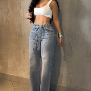 Allover Rhinestone Decor High Waist Zipper Fly Jeans Casual Wide Leg Loose Fit Denim Pants with Rhinestone Decor Belt, women Jeans, ChicMe catalog