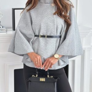 Women's Autumn Outerwear Casual Split Joint Dolman Sleeve Plain Stand Collar Cape Coat, JustFashionNow Ponchos & Capes, color:Gray|size:XXL,