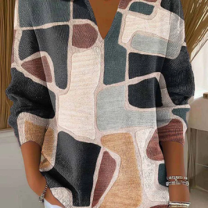 Women Abstract Printing Spring/Fall Casual Long Sleeve Shawl Collar Sweater, JustFashionNow Sweaters, color:As Picture|size:4XL,