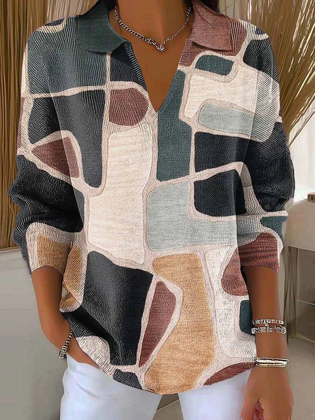 Women Abstract Printing Spring/Fall Casual Long Sleeve Shawl Collar Sweater, JustFashionNow Sweaters, color:As Picture|size:4XL,