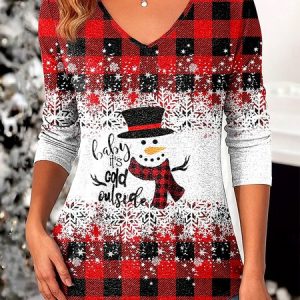 Casual Geometric V Neck Long Sleeve T-shirt, T-shirts, color:Red|size:3XL, catalog Noracora shop
