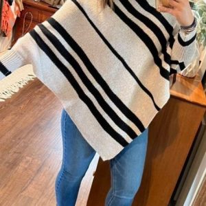 Women Striped Printing Winter Street Long Sleeve Mock Neck Sweater, JustFashionNow Sweaters, color:Khaki|size:XL,
