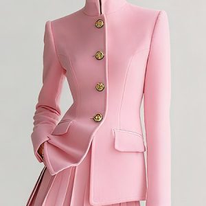 Urban Buttoned Plain Mock Neck Jacket, Jackets, color:Pink|size:XXL, Stylewe