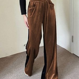 Women Color Block Long Elastic Waist Pants Casual Spring/Fall Trousers, JustFashionNow Pants, color:Brown|size:3XL,