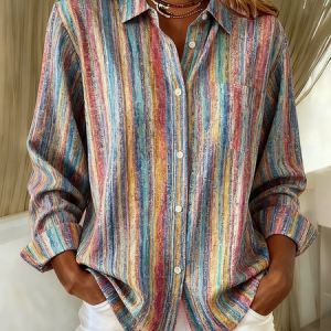 Women Striped Long Sleeve Shirt Spring/Fall Buckle Shirt Collar Regular Sleeve Daily Casual Top, JustFashionNow Shirts, color:As Picture|size:XXL,