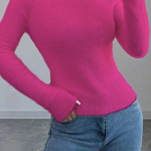 Women Plain Split Joint Winter Casual Long Sleeve Crew Neck Sweater, JustFashionNow Sweaters, color:Deep Pink|size:XL,