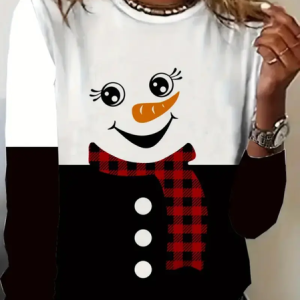 Women Christmas Snowman Long Sleeve Tee T-shirt Crew Neck Printing Casual Spring/Fall Graphic Tee Top, JustFashionNow T-Shirts, color:Black-white|size:XXL,