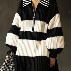 Casual Striped Shirt Collar Mini Sweater Dress No Belt, Mini Dresses, color:Black-white|size:XXL, Stylewe