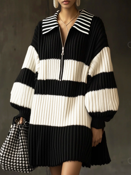Casual Striped Shirt Collar Mini Sweater Dress No Belt, Mini Dresses, color:Black-white|size:XXL, Stylewe