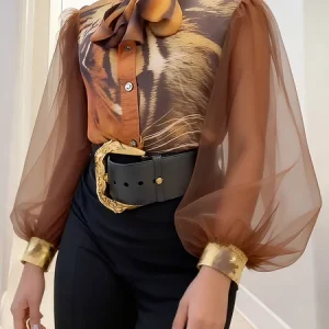 Elegant Random Print Printing Shirt Collar Balloon Sleeve Shirt, Blouses and Shirts, color:As Picture|size:XXL, Stylewe