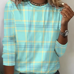 Casual Plaid Crew Neck Long Sleeve T-shirt, T-shirts, color:Green|size:XXL, catalog Noracora shop