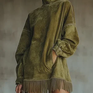 Plus Size Casual Plain Balloon Sleeve Tassel Stand Collar Mini Dress, Plus Dresses, color:As Picture|size:4X, Stylewe