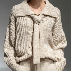 Casual Plain Lace-up Shawl Collar Sweater With Scarf, Pullovers, color:Apricot|size:XXL, Stylewe