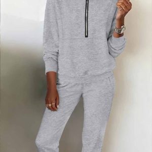 Women's two-piece fleece sweatshirt sports street casual fashion suit, JustFashionNow Suit Set, color:Light Gray|size:3XL,