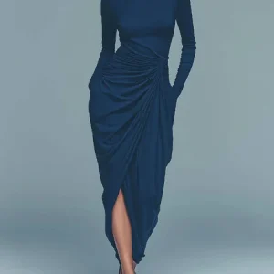 Urban Plain Ruched Turtleneck Midi Dress, Midi Dresses, color:Deep Blue|size:XXL, Stylewe