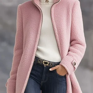 Casual Plain Stand Collar Teddy Jacket, Coats, color:Pink|size:XXL, Stylewe