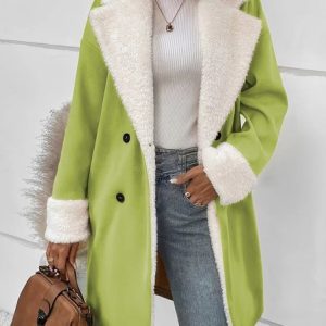 Women Winter Outerwear Casual Split Joint Plain Long Sleeve Lapel Collar Jacket, Coats, color:Green|size:5XL, catalog Noracora shop