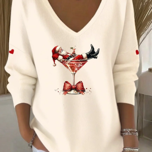 Casual Santa Claus V Neck Long Sleeve T-shirt, Sweaters, color:Apricot|size:4XL, catalog Noracora shop