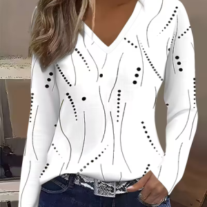 Casual Polka Dots V Neck Long Sleeve T-shirt, T-shirts, color:White|size:XXL, catalog Noracora shop