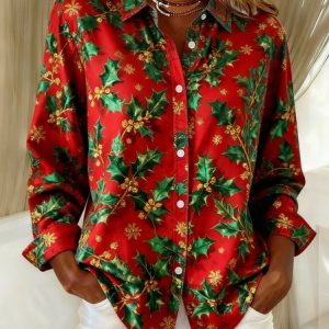 Women Christmas Long Sleeve Shirt Spring/Fall Shawl Collar Holiday Vintage Top, JustFashionNow Blouses, color:Color3|size:4XL,
