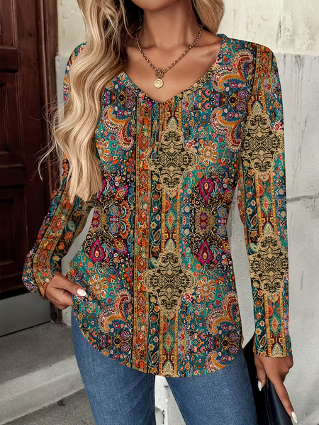 Women Floral Long Sleeve Tee T-shirt V Neck Printing Casual Spring/Fall Graphic Tee Top, JustFashionNow T-Shirts, color:As Picture|size:XXL - Image 2