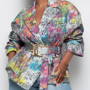 Casual Printing Graffiti Lapel Collar Jacket With Belt, Jackets, color:As Picture|size:XXL, Stylewe