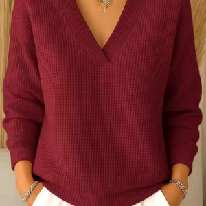Casual Plain V Neck Long Sleeve T-shirt, T-shirts, color:Wine Red|size:3XL, catalog Noracora shop
