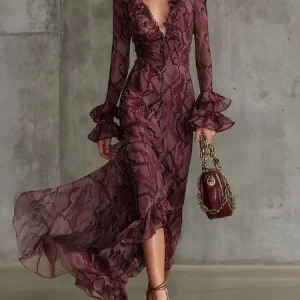 Urban Snakeskin Printing V Neck Maxi Dress, Maxi Dresses, color:Burgundy|size:XXL, Stylewe