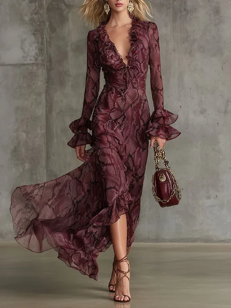 Urban Snakeskin Printing V Neck Maxi Dress, Maxi Dresses, color:Burgundy|size:XXL, Stylewe