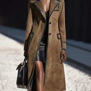 Urban Suede Split Joint Color Block Lapel Collar Faux Leather Coat, Jackets, color:Brown|size:XXL, Stylewe