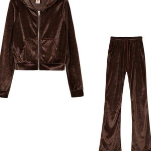 Women Plain Split Joint Two-Piece Set Daily Long Sleeve Casual Spring/Fall Top With Pants Matching Set, JustFashionNow Suit Set, color:Coffee|size:XXL,