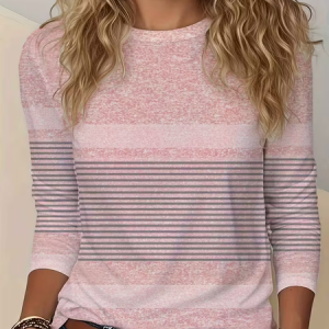 Women Striped Long Sleeve Tee T-shirt Crew Neck Printing Casual Spring/Fall Graphic Tee Top, JustFashionNow T-Shirts, color:Pink|size:XXL,