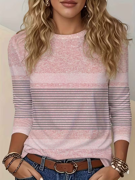 Women Striped Long Sleeve Tee T-shirt Crew Neck Printing Casual Spring/Fall Graphic Tee Top, JustFashionNow T-Shirts, color:Pink|size:XXL,