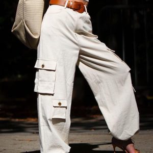 Casual Plain Pockets Cargo Pants, Pants, color:Off White|size:XXL, Stylewe