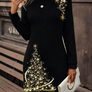 Women Christmas Autumn Dress Crew Neck Long Sleeve H-Line Dress, Dresses, color:Black|size:4XL, catalog Noracora shop