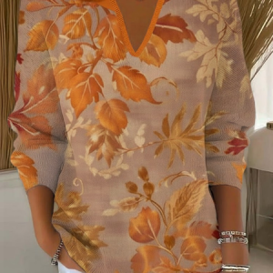 Women Maple Leaf Printing Spring/Fall Casual Long Sleeve Shawl Collar Sweater, JustFashionNow Sweaters, color:Orange|size:4XL,