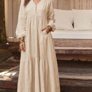 Women Plain Spring/Fall Dress V Neck Long Sleeve A-Line Dress, Dresses, color:Apricot|size:5XL, catalog Noracora shop