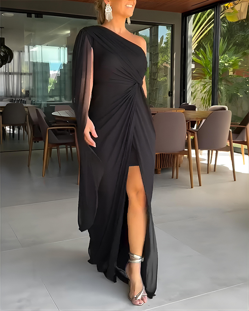 One Shoulder Asymmetrical Mesh Cloak Sleeve Ruched Twist Waist Evening Dress Waist Gathered Slit Party Dress, women Party Dresses, ChicMe catalog