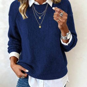 Women Plain Long Sleeve Comfy Casual Sweater, Sweaters, color:Navyblue|size:5XL, catalog Noracora shop