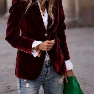 Women Plain Spring/Fall Outerwear Vintage Split Joint Long Sleeve Lapel Collar Regular Blazer, Blazers, color:Wine Red|size:XXL, catalog Noracora shop