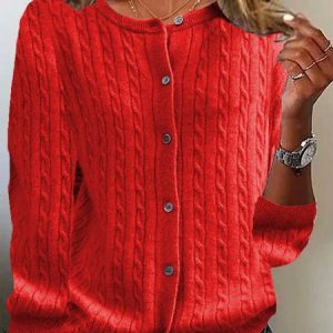Women's Solid Plain Buttoned Spring/Fall Casual Long Sleeve Crew Neck Sweater, JustFashionNow Sweaters, color:Red|size:XXL,