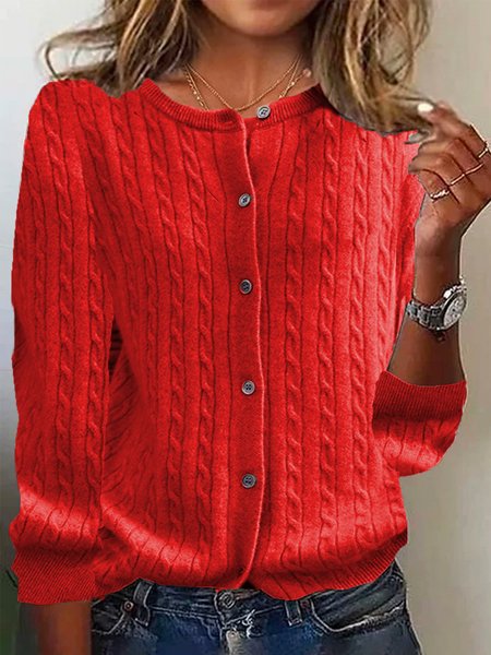 Women's Solid Plain Buttoned Spring/Fall Casual Long Sleeve Crew Neck Sweater, JustFashionNow Sweaters, color:Red|size:XXL,