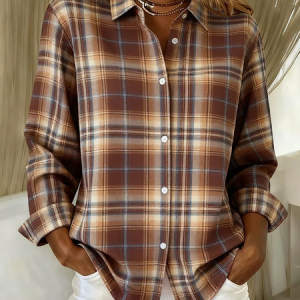 Women Plaid Long Sleeve Shirt Spring/Fall Buckle Shirt Collar Regular Sleeve Daily Casual Top, JustFashionNow Shirts, color:Brown|size:XXL,