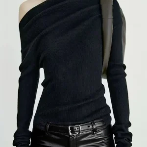 Knitted Casual Plain Boat Neck T-shirt, Tees, color:Black|size:XXL, Stylewe