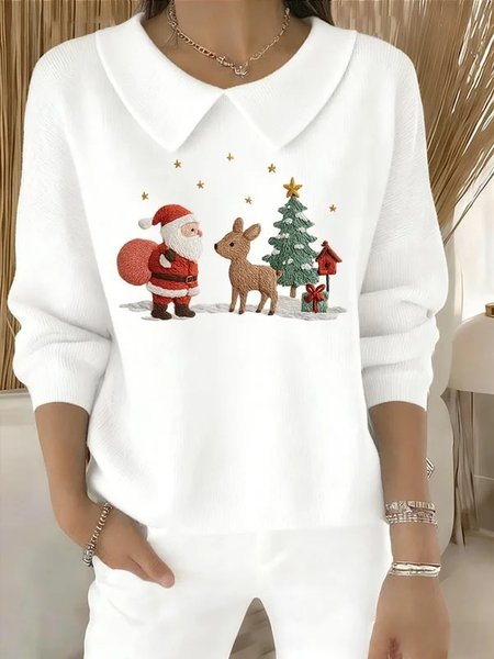 Women Santa Claus Printing Spring/Fall Casual Long Sleeve Shawl Collar Sweater, JustFashionNow Sweaters, color:White|size:4XL,