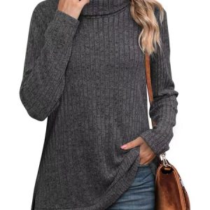 Turtleneck Long Sleeve Plain Regular Micro-Elasticity Regular Fit Blouse For Women, Blouses, color:Deep Gray|size:XXL, catalog Noracora shop