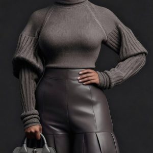 Plus Size Urban Plain Turtleneck Puff Sleeve Sweater, Plus Tops, color:Gray|size:4X, Stylewe