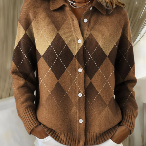 Women Plaid Printing Long Sleeve Shawl Collar Vintage Spring/Fall Cardigan Outerwear, JustFashionNow Cardigans, color:Brown|size:4XL,
