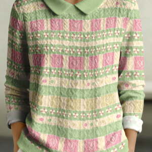 Women Cotton Geometric Long Sleeve Comfy Casual Sweater, Sweaters, color:Green|size:5XL, catalog Noracora shop